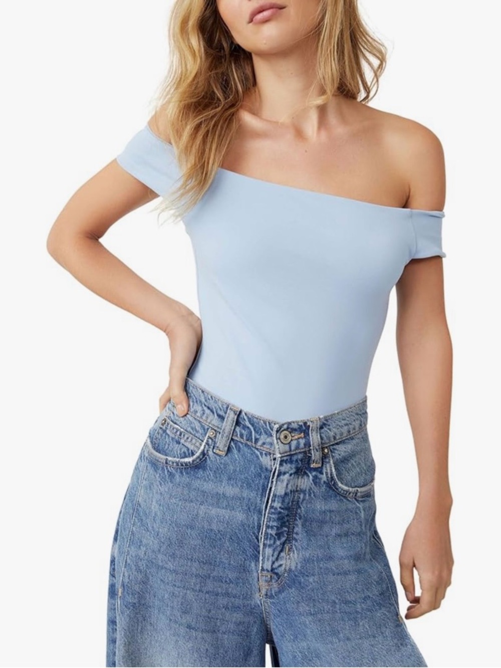 Free People Off To The Races Bodysuit Off-Shoulder Light Blue Women’s